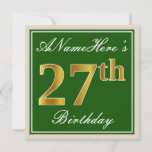 [ Thumbnail: Elegant, Green, Faux Gold 27th Birthday + Name Invitation ]