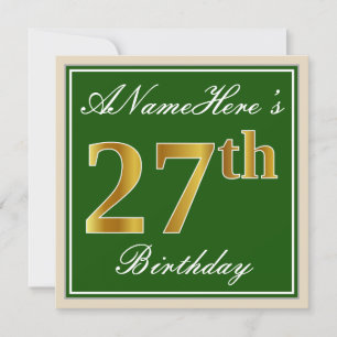 Elegant, Green, Faux Gold 27th Birthday + Name Invitation