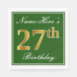 [ Thumbnail: Elegant Green, Faux Gold 27th Birthday + Name Napkin ]