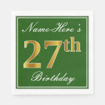[ Thumbnail: Elegant Green, Faux Gold 27th Birthday + Name Napkins ]