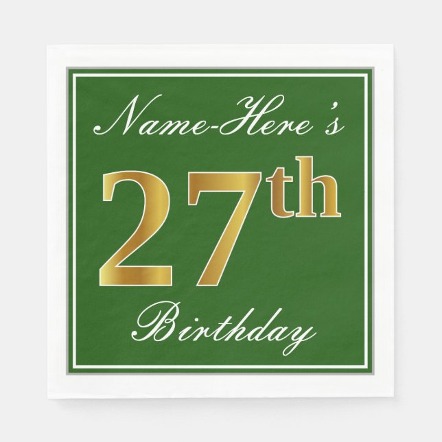 Elegant Green, Faux Gold 27th Birthday + Name Napkins (Front)