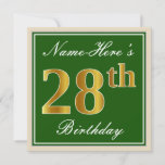 [ Thumbnail: Elegant, Green, Faux Gold 28th Birthday + Name Invitation ]