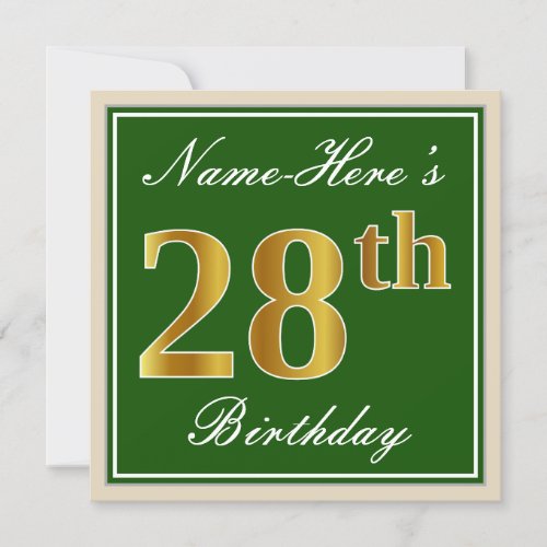 Elegant Green Faux Gold 28th Birthday  Name Invitation