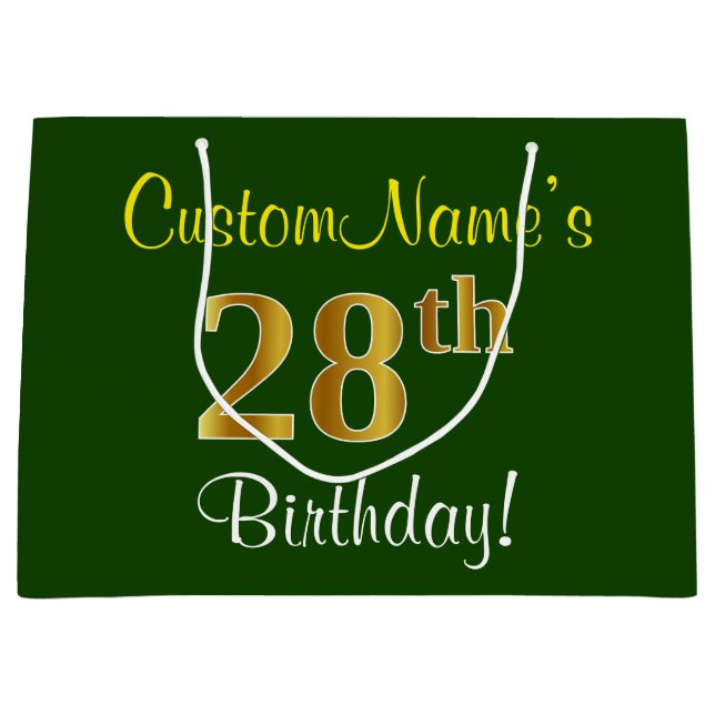 Elegant, Green, Faux Gold 28th Birthday + Name Large Gift Bag (Front)