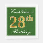 [ Thumbnail: Elegant Green, Faux Gold 28th Birthday + Name Napkin ]