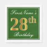 [ Thumbnail: Elegant Green, Faux Gold 28th Birthday + Name Napkins ]