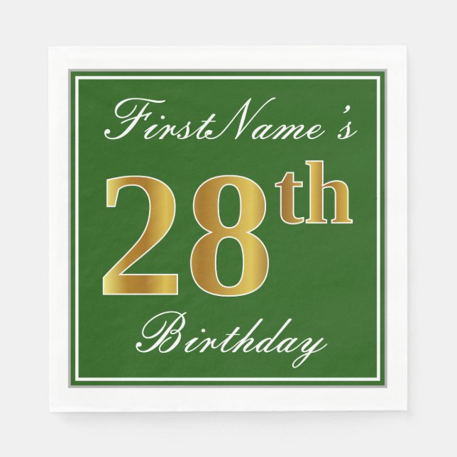 Elegant Green, Faux Gold 28th Birthday + Name Napkins (Front)