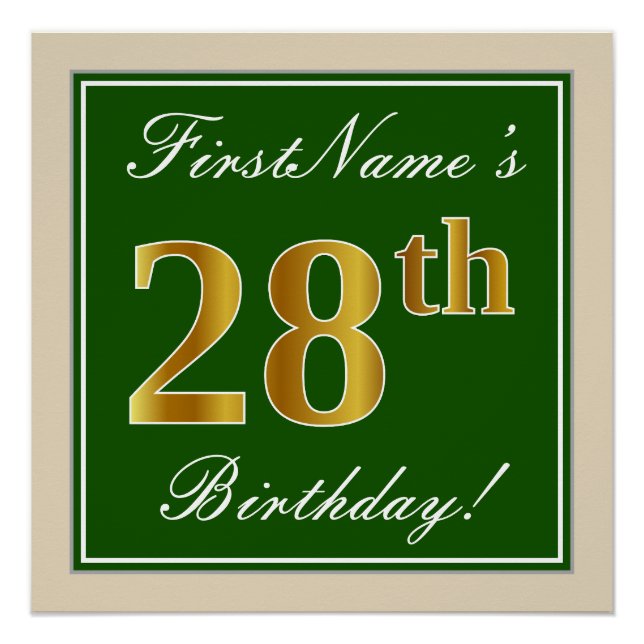Elegant, Green, Faux Gold 28th Birthday + Name Poster (Front)