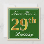 [ Thumbnail: Elegant, Green, Faux Gold 29th Birthday + Name Invitation ]