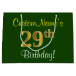 [ Thumbnail: Elegant, Green, Faux Gold 29th Birthday + Name Gift Bag ]