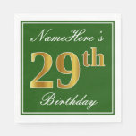 [ Thumbnail: Elegant Green, Faux Gold 29th Birthday + Name Napkins ]