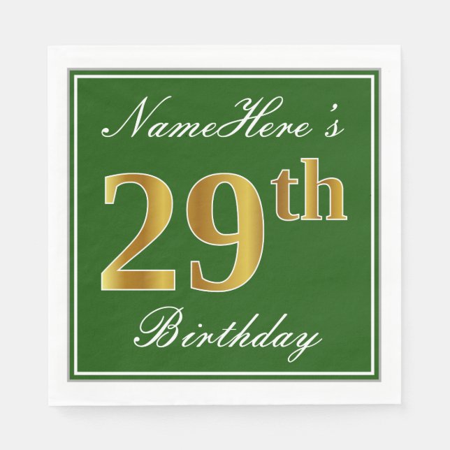 Elegant Green, Faux Gold 29th Birthday + Name Napkins (Front)