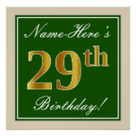 [ Thumbnail: Elegant, Green, Faux Gold 29th Birthday + Name Poster ]