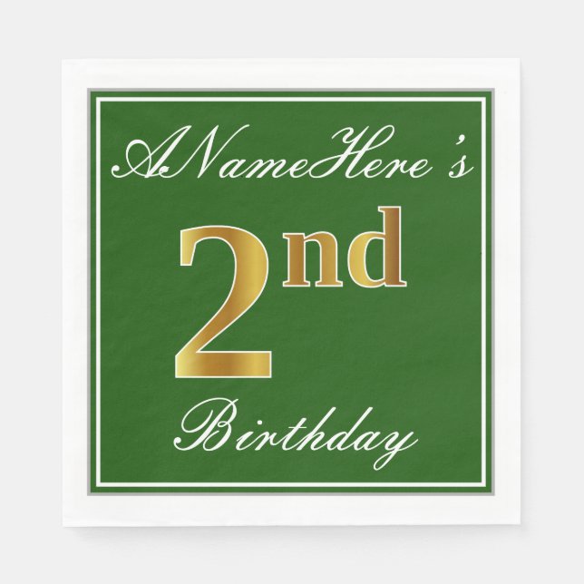 Elegant Green, Faux Gold 2nd Birthday; Custom Name Paper Napkins (Front)