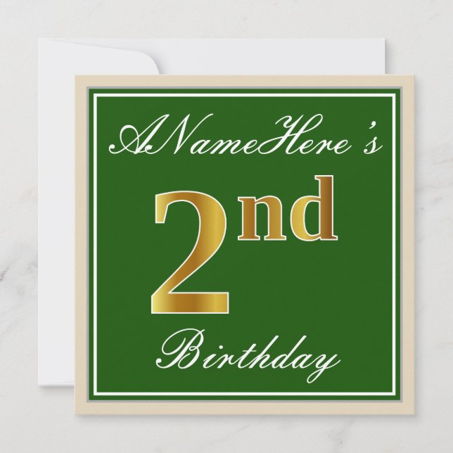 Elegant, Green, Faux Gold 2nd Birthday + Name Invitation (Front)