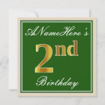[ Thumbnail: Elegant, Green, Faux Gold 2nd Birthday + Name Invitation ]
