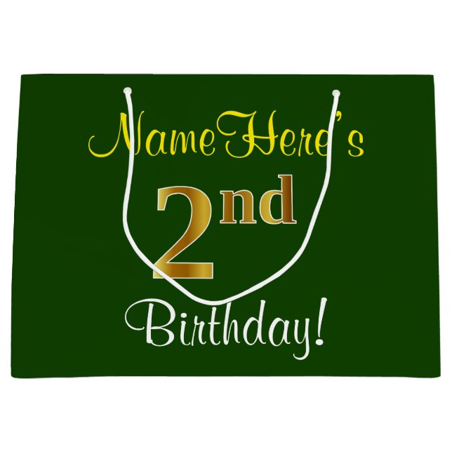 Elegant, Green, Faux Gold 2nd Birthday + Name Large Gift Bag (Front)