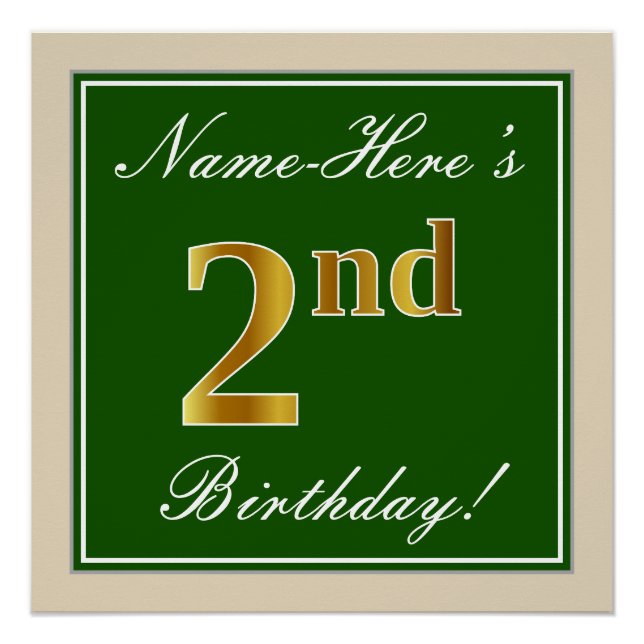 Elegant, Green, Faux Gold 2nd Birthday + Name Poster (Front)