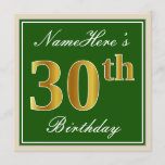 [ Thumbnail: Elegant, Green, Faux Gold 30th Birthday + Name Invitation ]