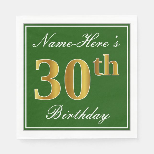 Elegant Green, Faux Gold 30th Birthday + Name Paper Napkins (Front)
