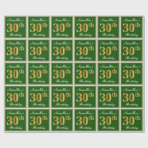 Elegant, Green, Faux Gold 30th Birthday + Name Wrapping Paper