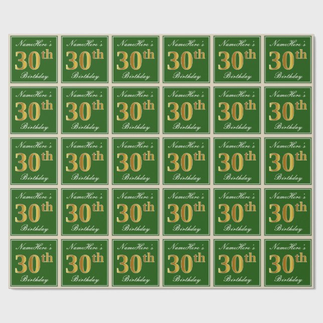Elegant, Green, Faux Gold 30th Birthday + Name Wrapping Paper (Flat)
