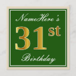 [ Thumbnail: Elegant, Green, Faux Gold 31st Birthday + Name Invitation ]