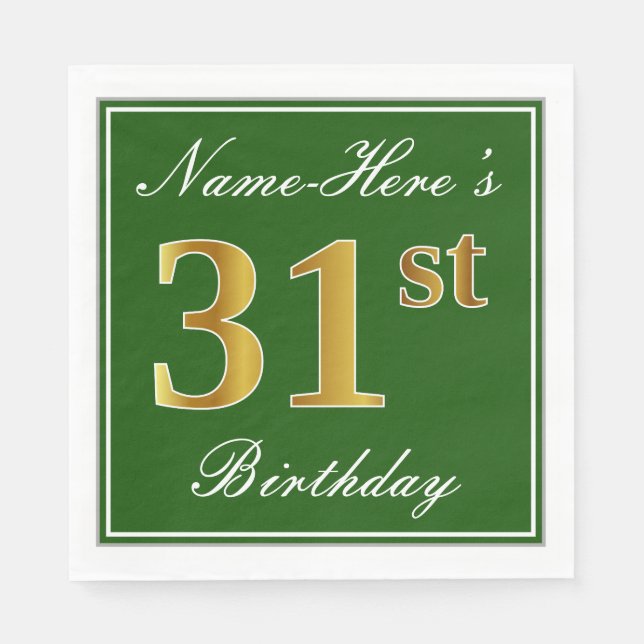 Elegant Green, Faux Gold 31st Birthday + Name Napkins (Front)
