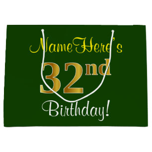 Elegant, Green, Faux Gold 32nd Birthday + Name Large Gift Bag
