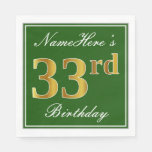 [ Thumbnail: Elegant Green, Faux Gold 33rd Birthday + Name Napkins ]
