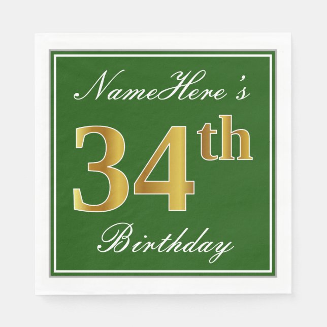 Elegant Green, Faux Gold 34th Birthday + Name Napkins (Front)