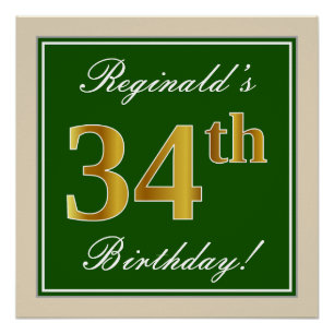 Elegant, Green, Faux Gold 34th Birthday + Name Poster