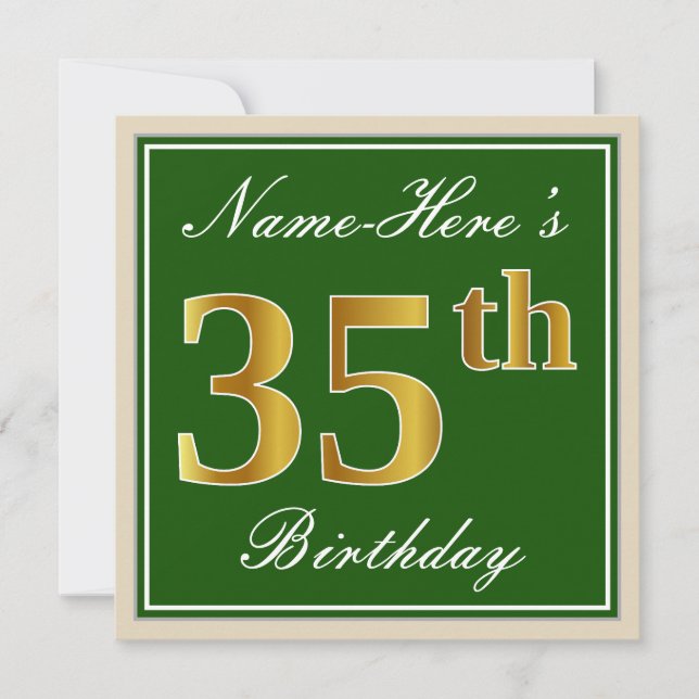 Elegant, Green, Faux Gold 35th Birthday + Name Invitation (Front)