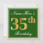 [ Thumbnail: Elegant, Green, Faux Gold 35th Birthday + Name Invitation ]