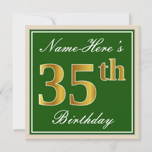 Elegant Green Faux Gold 35th Birthday  Name Invitation