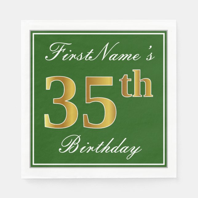 Elegant Green, Faux Gold 35th Birthday + Name Napkins (Front)