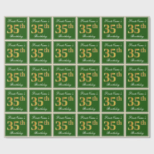 Elegant, Green, Faux Gold 35th Birthday + Name Wrapping Paper