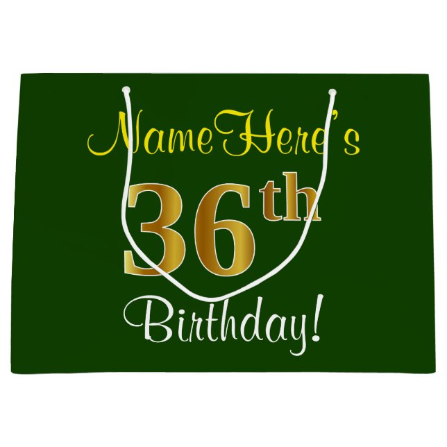 Elegant, Green, Faux Gold 36th Birthday + Name Large Gift Bag (Front)