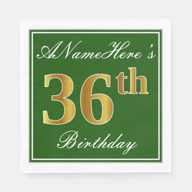 Elegant Green, Faux Gold 36th Birthday + Name Napkins (Front)