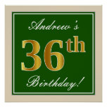 [ Thumbnail: Elegant, Green, Faux Gold 36th Birthday + Name Poster ]