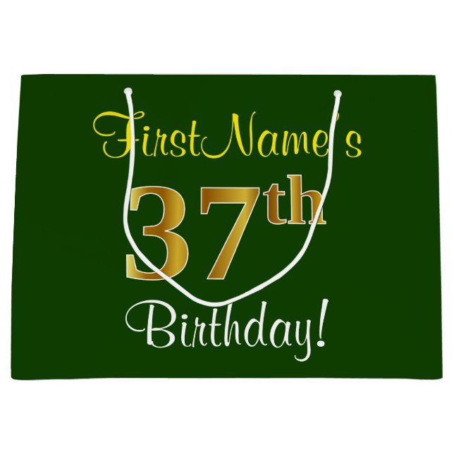 Elegant, Green, Faux Gold 37th Birthday + Name Large Gift Bag (Front)