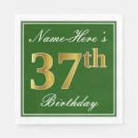 [ Thumbnail: Elegant Green, Faux Gold 37th Birthday + Name Napkins ]