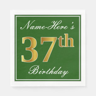 Elegant Green, Faux Gold 37th Birthday + Name Napkins