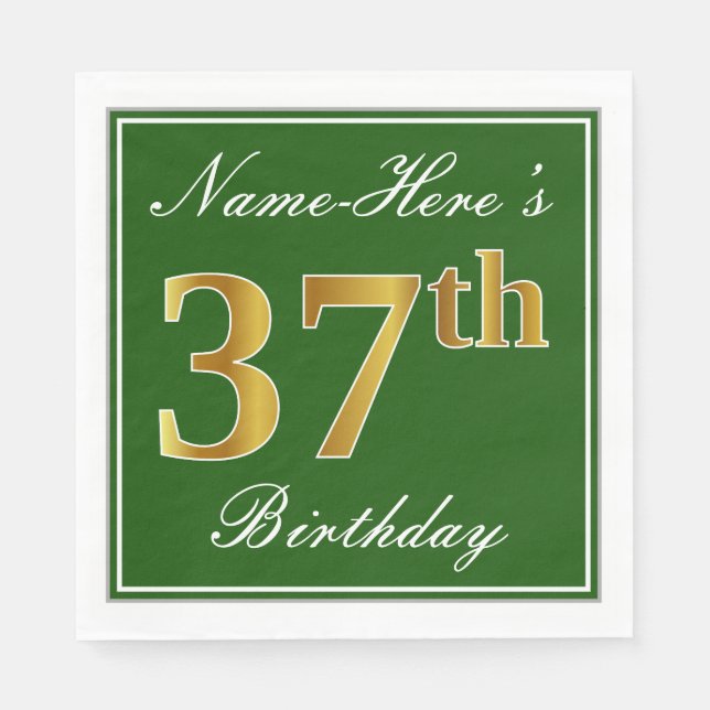 Elegant Green, Faux Gold 37th Birthday + Name Napkins (Front)