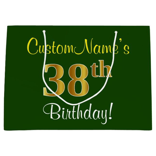 Elegant, Green, Faux Gold 38th Birthday + Name Large Gift Bag (Front)