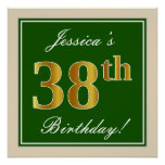 [ Thumbnail: Elegant, Green, Faux Gold 38th Birthday + Name Poster ]