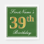 [ Thumbnail: Elegant Green, Faux Gold 39th Birthday + Name Napkins ]