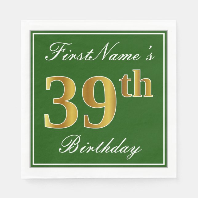 Elegant Green, Faux Gold 39th Birthday + Name Napkins (Front)