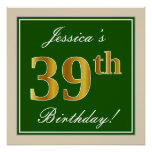 [ Thumbnail: Elegant, Green, Faux Gold 39th Birthday + Name Poster ]