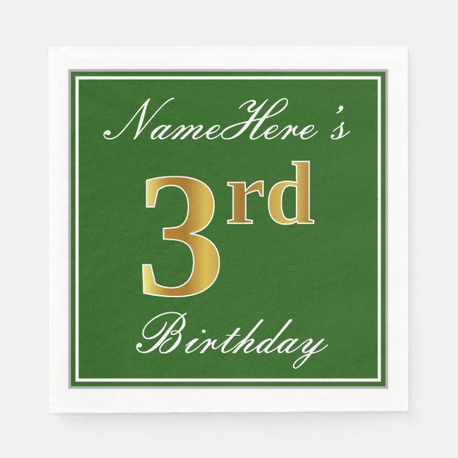 Elegant Green, Faux Gold 3rd Birthday; Custom Name Paper Napkins (Front)
